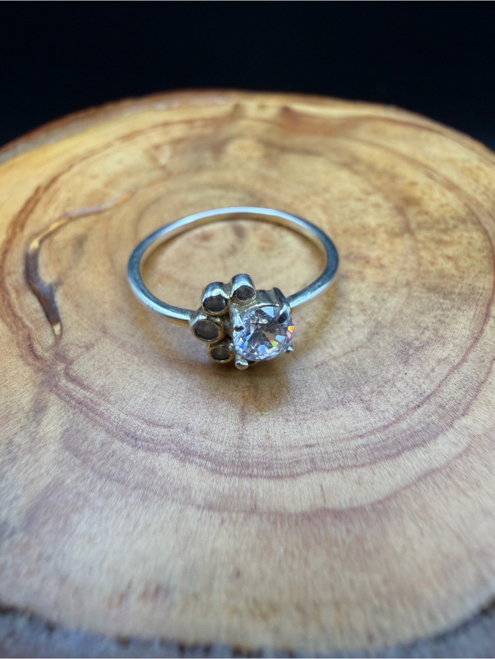 Sterling Silver Clear Stone Floral Halo Ring - Size 6
